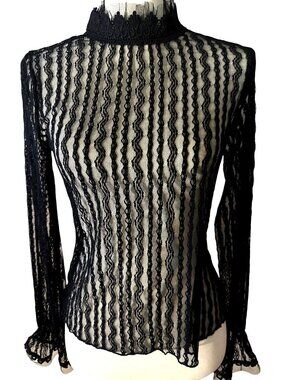 Whimsigoth Choklate Paris Black Sheer Lace Top Small Top Classic Chic High Neck